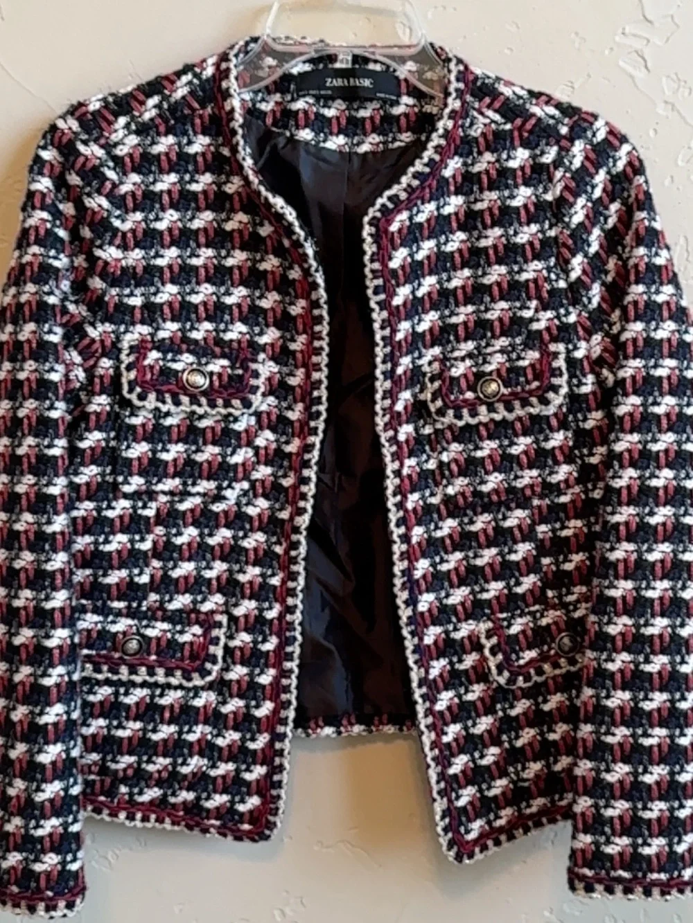 Zara Multicolor Tweed Blazer — Black, White & Burgundy